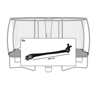 Diagram of a trampoline with a 900 mm strap labeled 4x, showing four straps included for securing.
