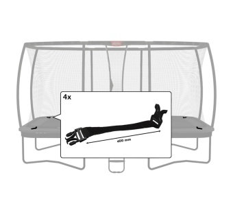 Four trampoline safety straps with buckles; each strap is 400 mm long.