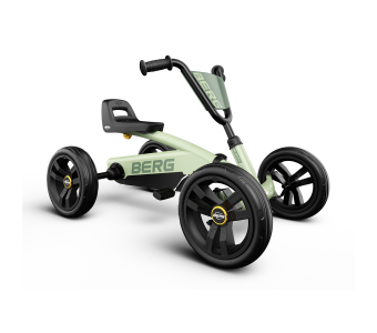 Mint-green Berg ride-on pedal go-kart for kids with large black wheels and a padded seat caper handlebar area.