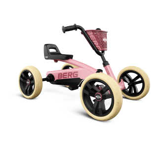 Pink Berg three-wheel kids' scooter with beige tires, black handlebars, and a front basket.
