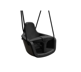 Black infant swing seat with safety harness, suspended by cords over a white background