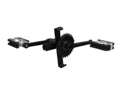 Bicycle crankset with large chainring and two pedal arms extending left and right